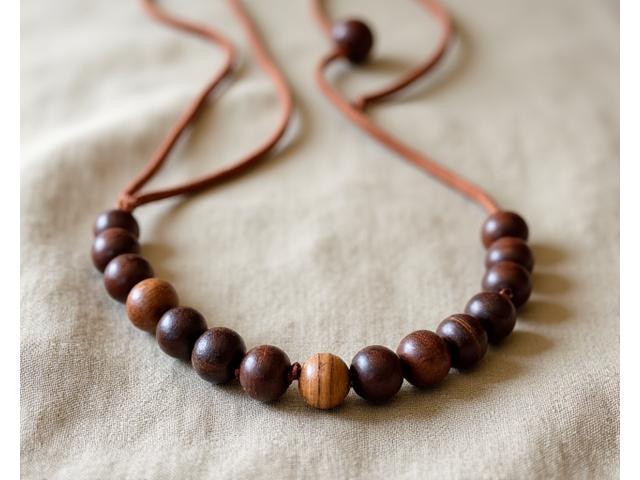 A unique choker necklace made from reclaimed wood beads and natural leather cords, displayed on a natural, unbleached linen background, highlighting sustainable craftsmanship.