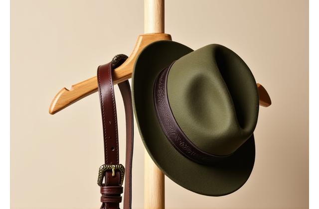 Stylish handcrafted leather belt with a distinctive brass buckle alongside a chic felt fedora with a subtle embroidered detail, styled together on a light wooden hanger.