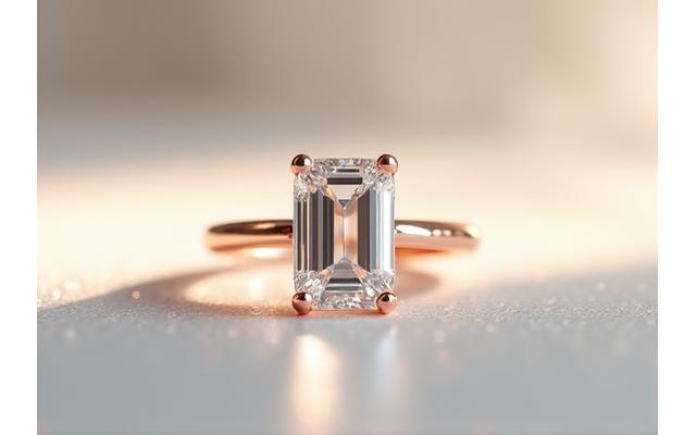 A close-up of a bespoke engagement ring featuring a unique emerald-cut diamond set in a minimalist rose gold band, glowing subtly under soft light.