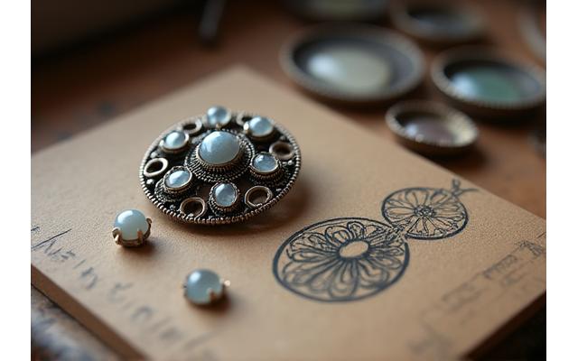 An antique brooch being carefully redesigned, with original gemstones separated on a jeweller's workbench next to new sketches, representing heirloom remodelling.
