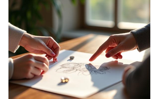 A client reviewing sketches and material samples with a jewellery designer in a sunlit studio, discussing a custom piece with mutual enthusiasm.