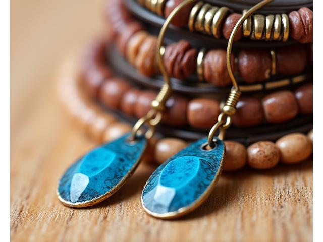 Close-up of dangling artisan earrings made with textured brass and vibrant blue enamel alongside a stack of intricately beaded bracelets, artfully arranged on a light wooden surface.