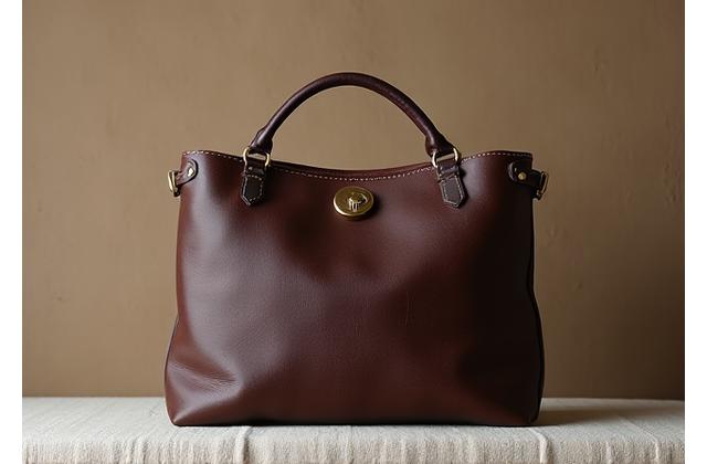 Elegant artisan handbag crafted from rich, dark brown leather with hand-stitched details, showcased against a muted, earthy backdrop.