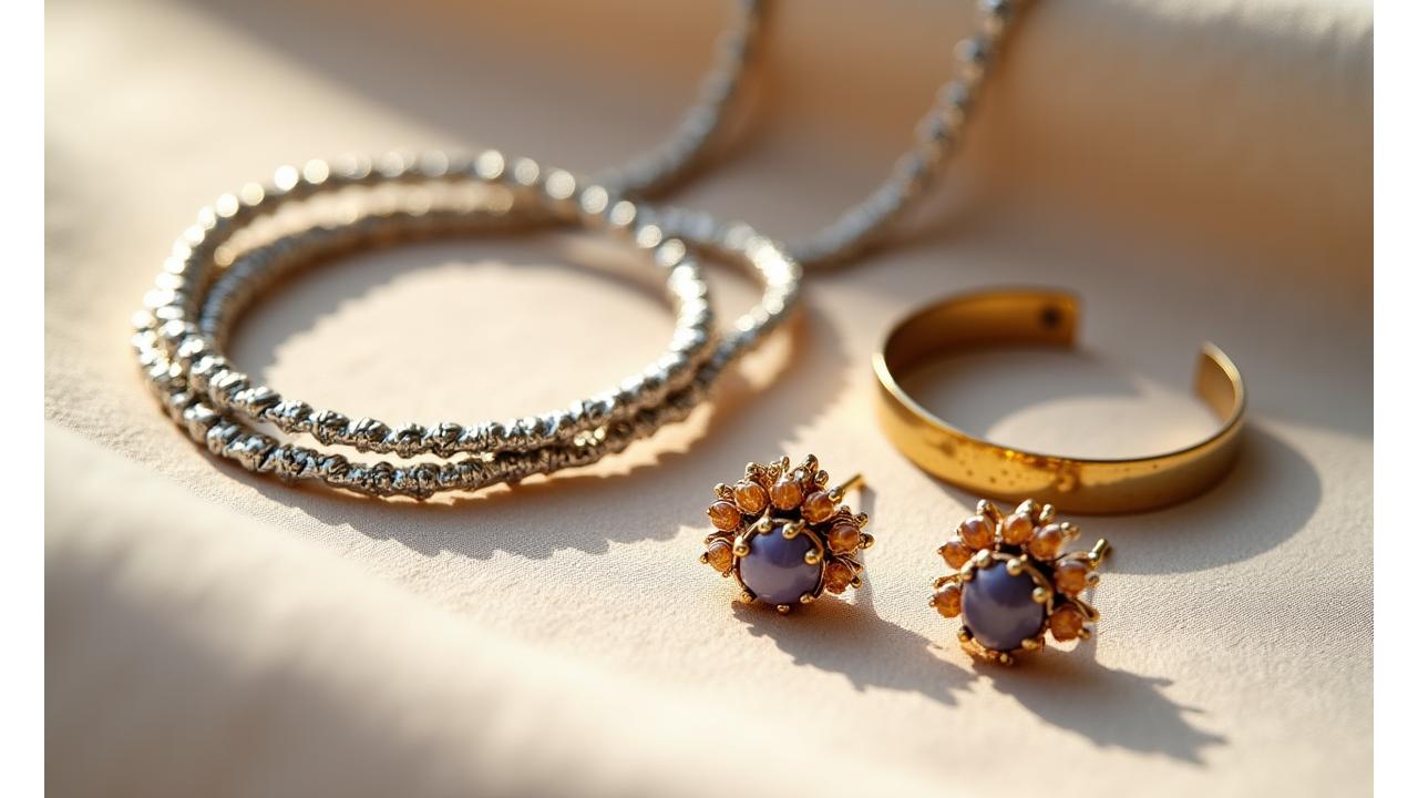 A close-up shot of a variety of handcrafted artisan jewellery: a delicate silver necklace intertwined with a hammered brass cuff bracelet and a pair of intricate gold earrings, elegantly arranged on a textured linen fabric. Soft, warm lighting highlights the details of the metal and stones.