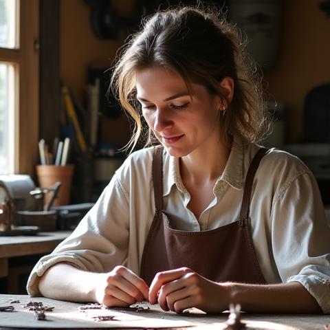 Portrait of Elara Thorne, a skilled jewellery artisan, working meticulously on a delicate silver piece at her bench, surrounded by tools and raw materials. Her face is focused, showing dedication.