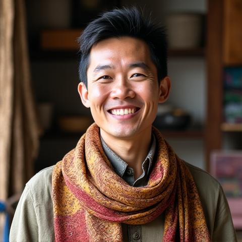 Portrait of Kai Chen, a textile artisan, with a vibrant, intricately patterned silk shawl draped over his shoulders, smiling warmly in his workshop filled with colourful fabrics and natural dyes.