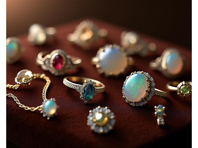 A collection of finely crafted rings and necklaces, some featuring iridescent opals and others intricate silver filigree, showcased on a dark velvet surface with elegant lighting.