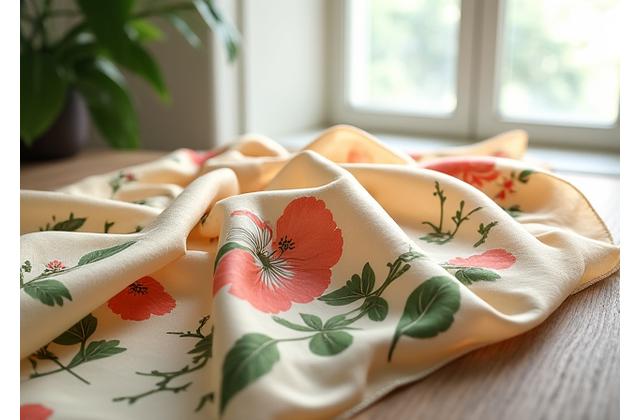 A vibrant silk scarf with a botanical print, draped elegantly to show its flowing texture and rich colors, representing sustainable fashion.