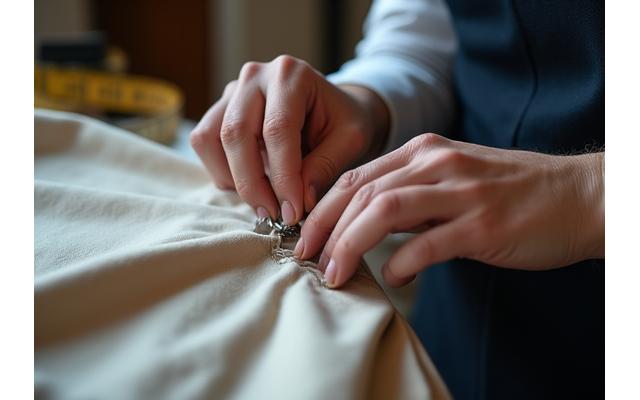 Tailor's hand adjusting a garment during an alteration.
