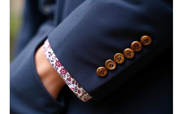 Detail shot of a tailored suit cuff with custom buttons and lining.