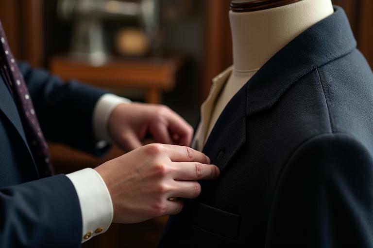 Master tailor meticulously working on a bespoke suit, fabric draped elegantly.