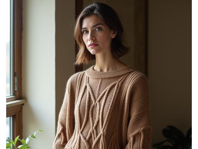 A model wearing a warm, stylish cable-knit sweater in earthy tones, perfect for autumn.
