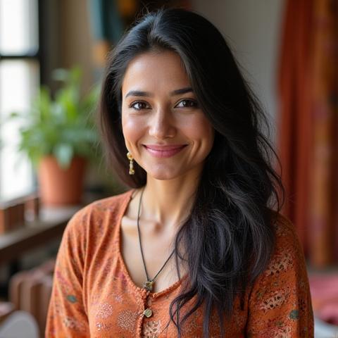 Professional headshot of a female designer, Aisha, with a warm and creative expression, suggesting artistry and passion.