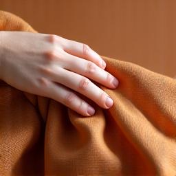 Close-up of a hand touching soft, naturally dyed organic cotton fabric, indicating eco-friendly materials.