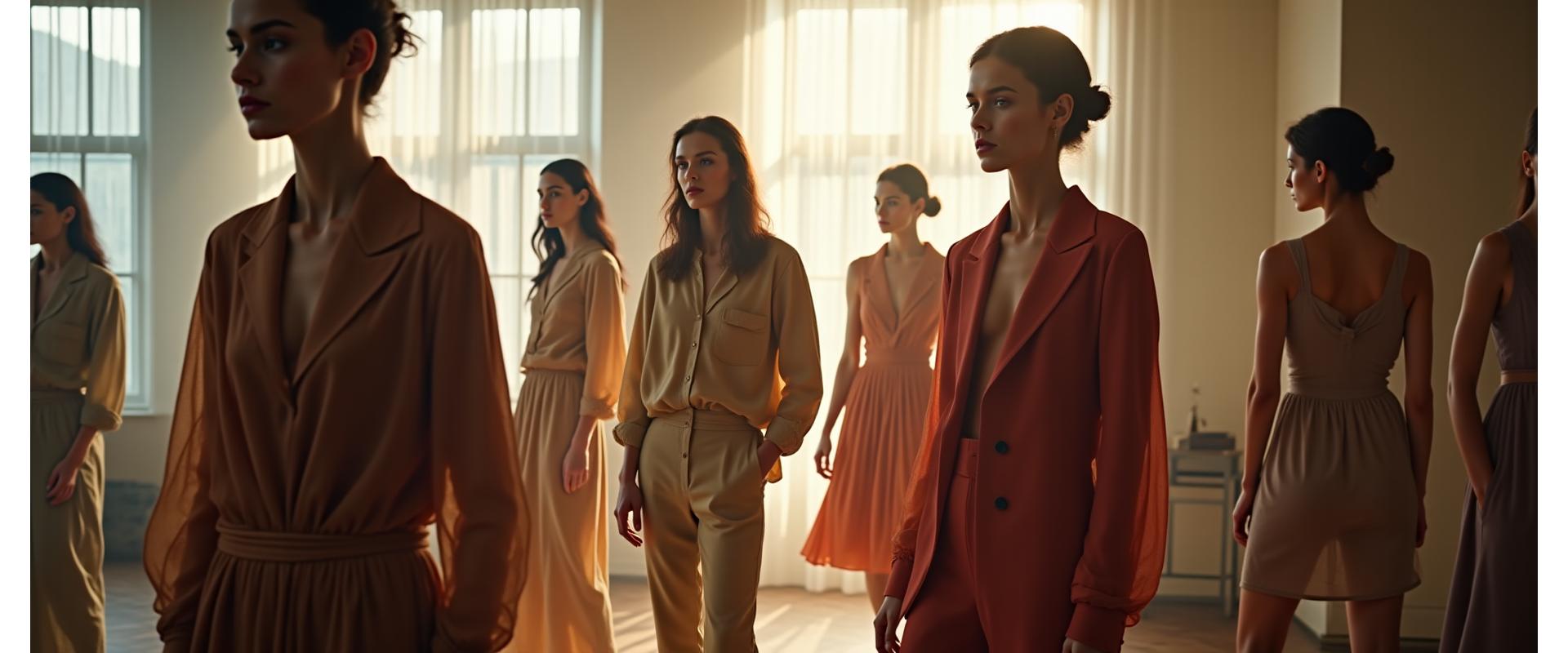 Diverse models showcasing curated fashion in a light-filled boutique, featuring sustainable fabrics and timeless designs.