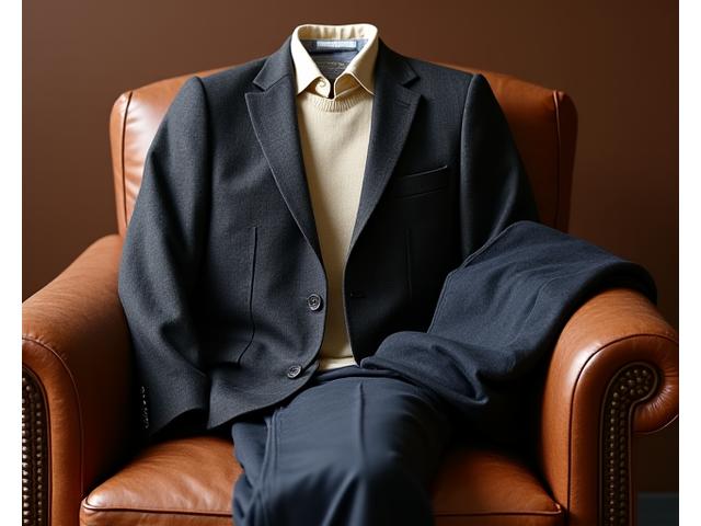 Elegant men's clothing collection featuring tailored jackets, premium knitwear, and classic trousers in shades of deep brown and charcoal.
