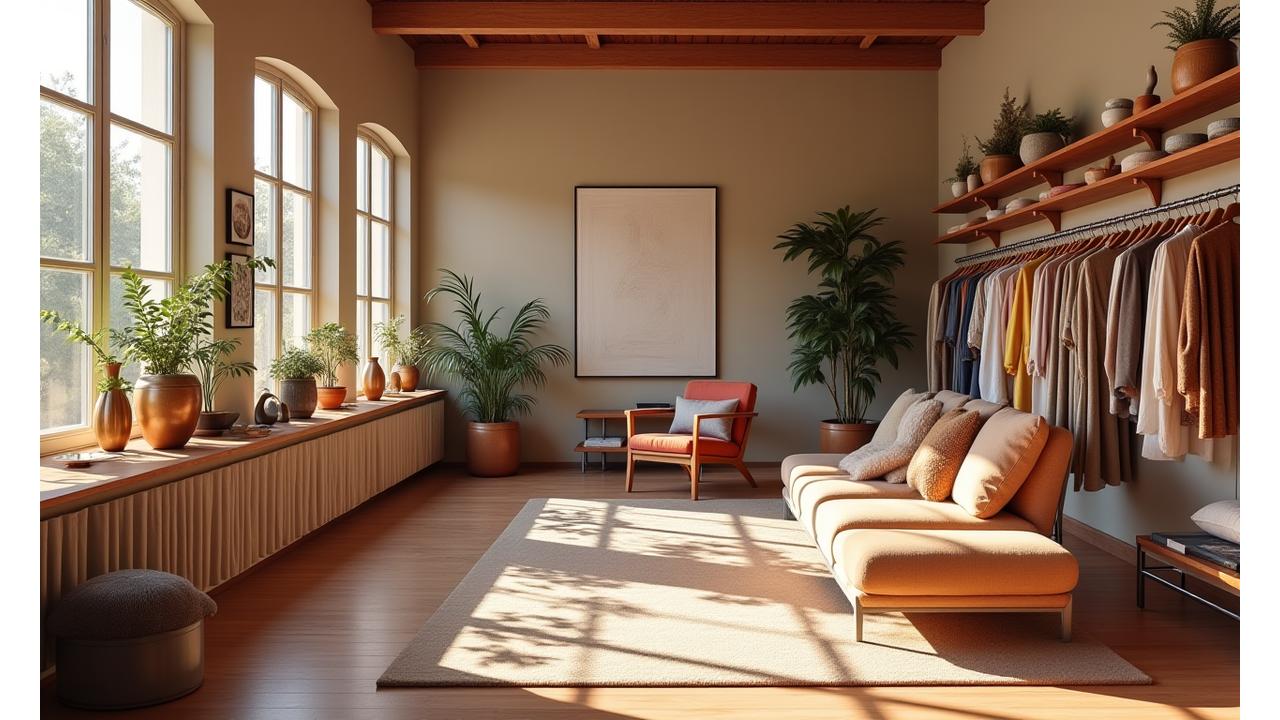 Inviting interior of Hearth & Stitch Emporium showroom in Bristol, featuring curated fashion and elegant home decor.