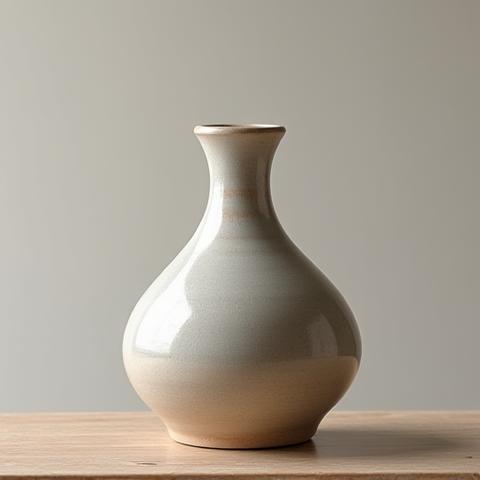 A handcrafted ceramic vase with subtle texture and glazed finish, on a wooden console table.