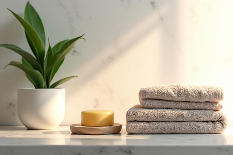 A tranquil bathroom with luxurious towels, scented soaps, and natural plants creating a spa-like atmosphere.