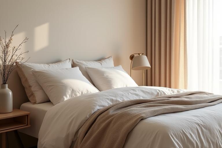 A calm and elegant bedroom with soft lighting, natural textures, and a minimalist aesthetic.