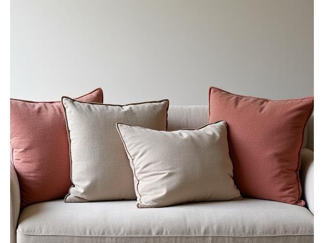 A collection of decorative cushions in various textures and patterns, on a velvet sofa.