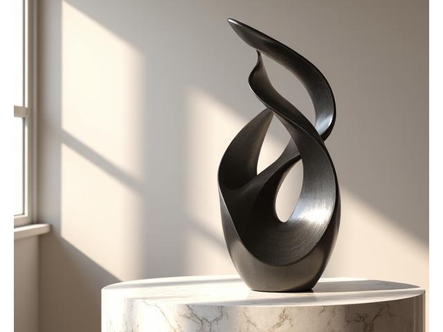 An elegant abstract metal sculpture on a marble pedestal, catching subtle light.