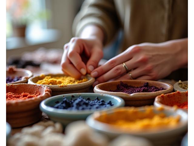 Close-up of hands working with natural dyes and textiles during a fabric artistry workshop.