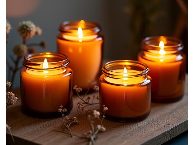 A beautifully styled vignette with various scented candles in amber and ceramic jars, emitting a soft glow.