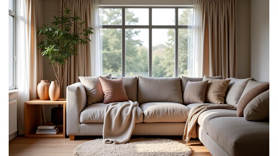 Elegantly styled living room with unique patterned textiles and handcrafted decor, featuring a warm, inviting atmosphere.