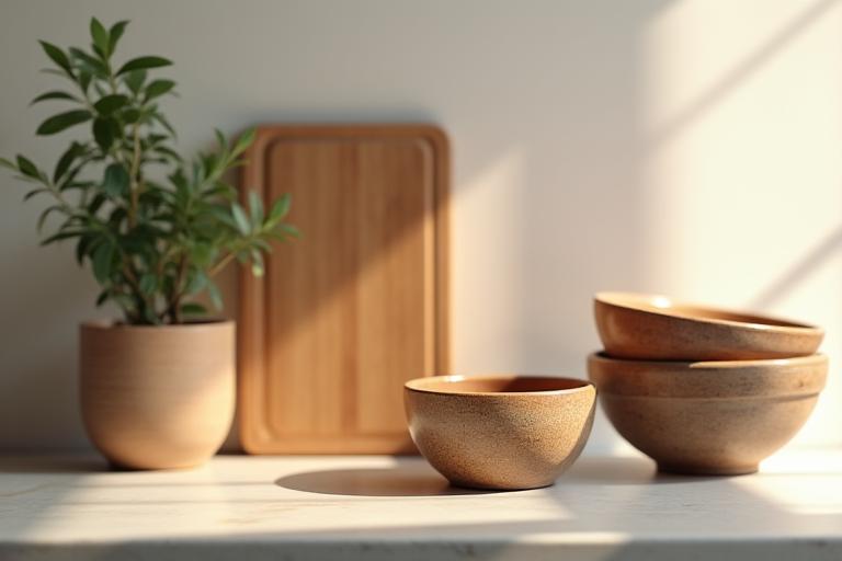 A modern kitchen counter with a small collection of functional yet decorative kitchenware, like ceramic bowls and wooden utensils.