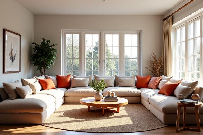 A spacious, tastefully decorated living room with large windows, comfortable seating, and subtle decor pieces.