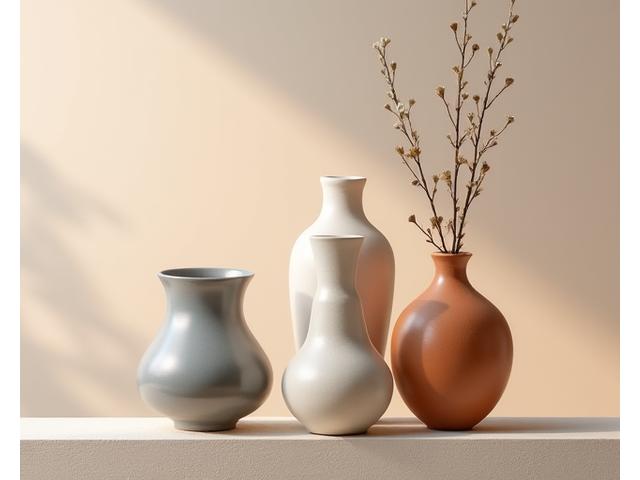 A collection of modern sculptural ceramic vases in earthy tones, displayed on a minimalist shelf.