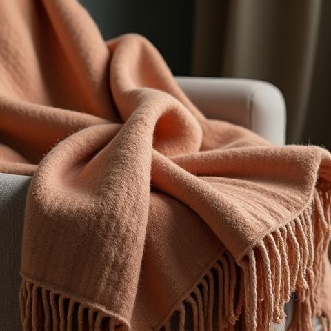 Luxurious, soft wool throw blanket draped over an armchair, with intricate woven patterns.