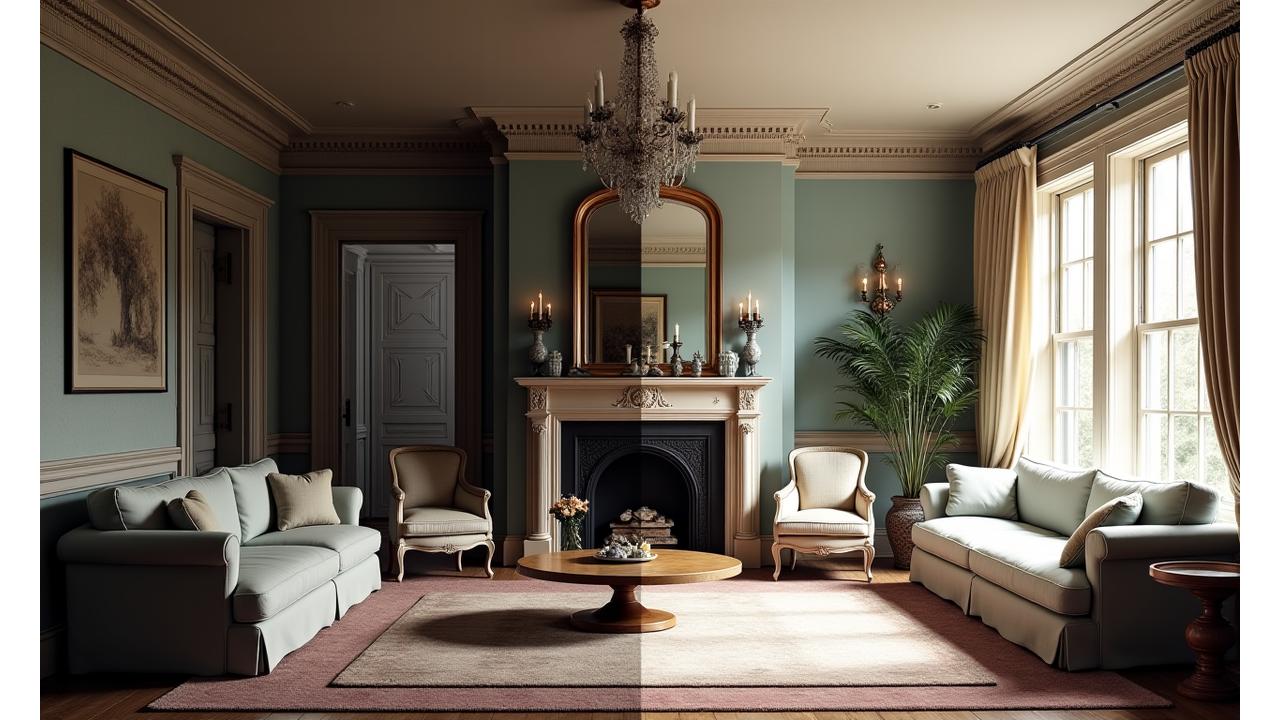 Before and after of a Georgian living room in Clifton, showcasing a transformation from dated and cluttered to elegantly classical with modern comfort.