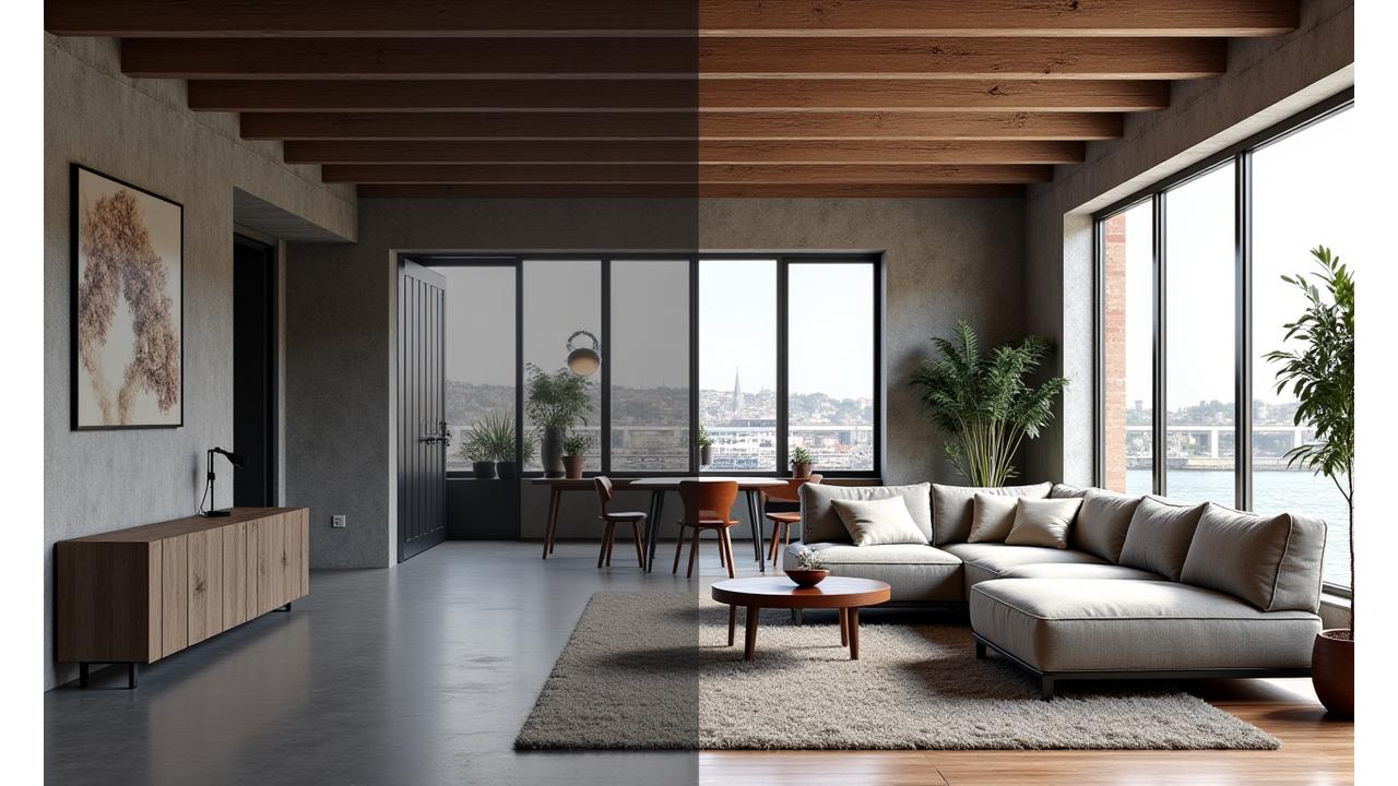 Before and after of a Harbourside loft apartment in Bristol, showing a transformation from an empty shell to a chic, industrial-inspired modern living space.