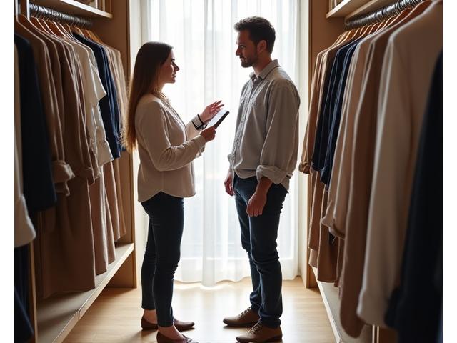 An organized wardrobe with a stylist expertly sorting through clothing, advising on pieces to keep, donate, or tailor.