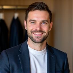 Portrait of Liam Davies, a stylish and friendly fashion consultant, smiling.