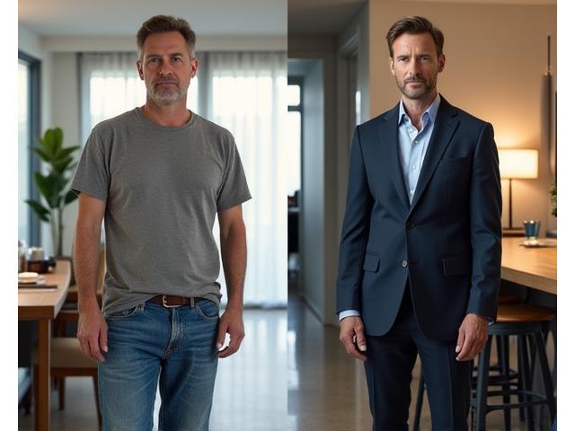 Before and after image of David: 'before' showing a casual, unstyled look and 'after' depicting a sharp, sophisticated appearance suitable for a business professional.