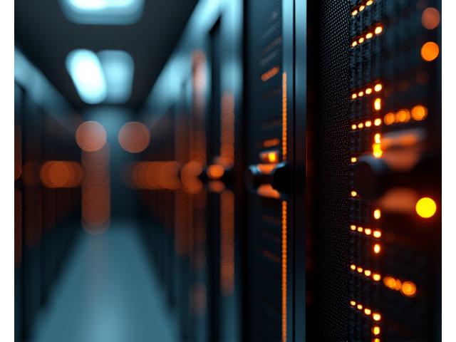 Close-up on a sophisticated network server racks, symbolizing robust data encryption and cybersecurity measures