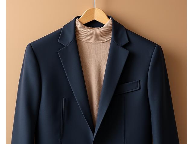 A meticulously tailored navy blazer draped over a soft, cashmere knit sweater on a natural wood hanger, showcasing quality fabrics.