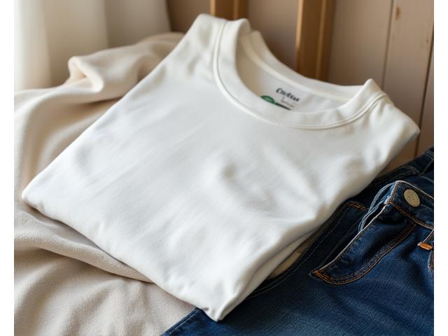 A perfectly draped organic cotton t-shirt and classic dark wash denim jeans, folded neatly on a rustic wooden shelf, emphasizing staple pieces.