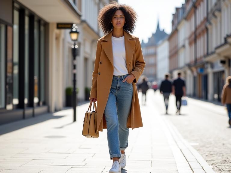 A contemporary outfit featuring a classic wool coat paired with modern accessories and sneakers, showing how timeless pieces can be updated.