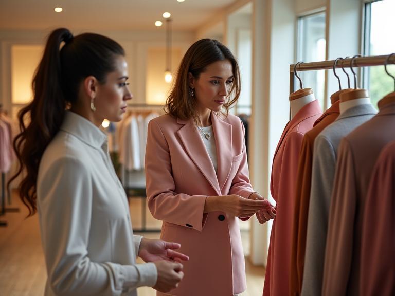 A personal stylist helping a client curate outfits from a selection of garments, demonstrating a professional styling consultation.