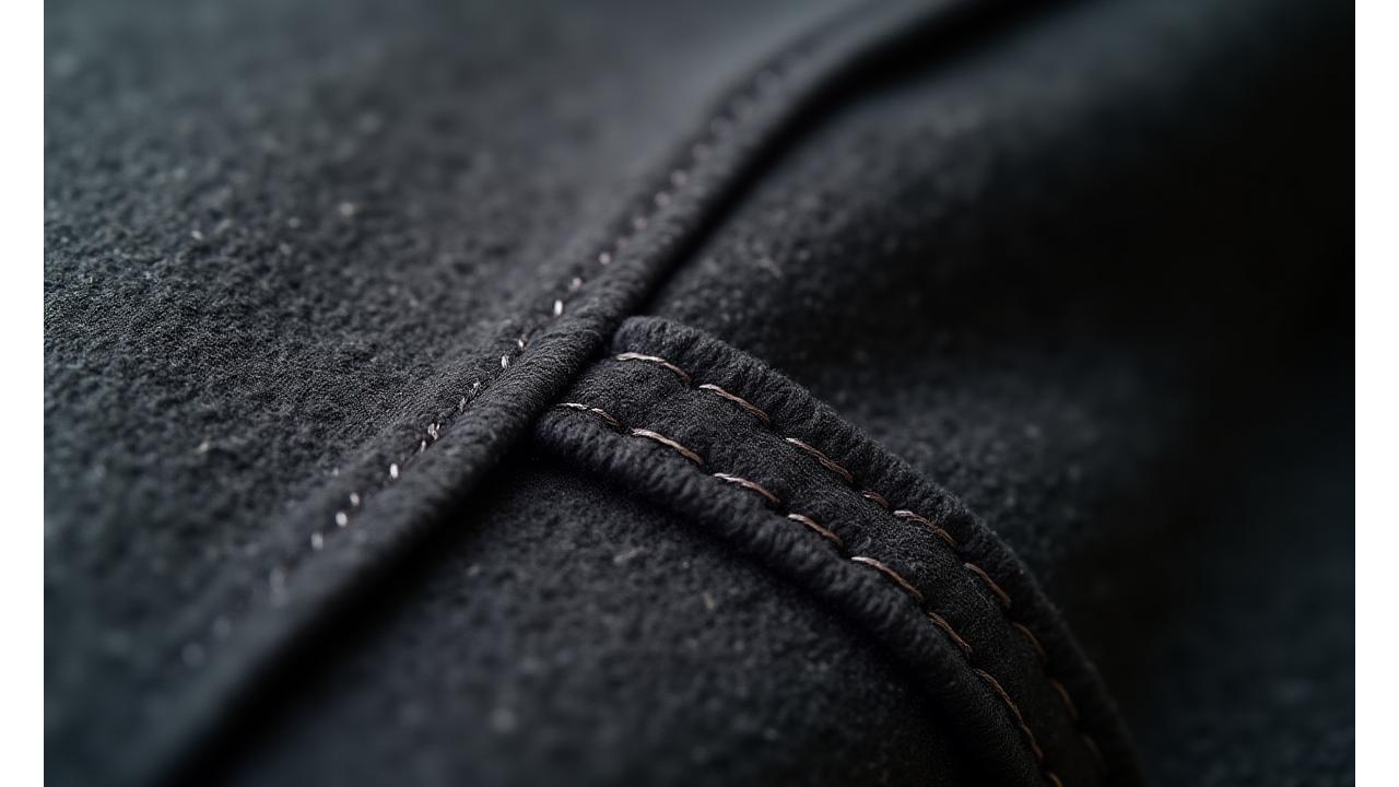 Close-up view of intricate, reinforced stitching on a high-quality wool coat, emphasizing precision and durability.