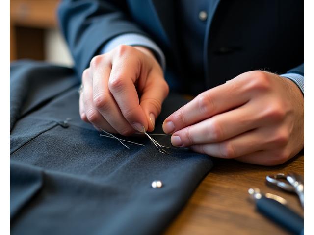 A skilled tailor working on a garment with needle and thread, showcasing bespoke repair and alteration services.