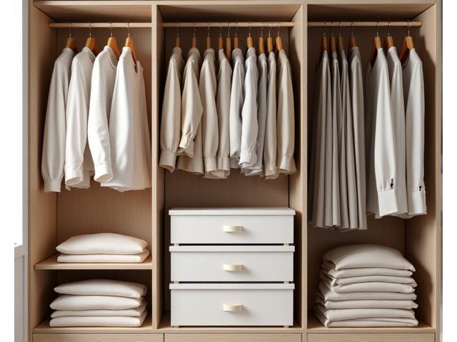 A neatly organised wardrobe with quality wooden hangers, garment bags, and labelled storage boxes, indicating proper care and storage.