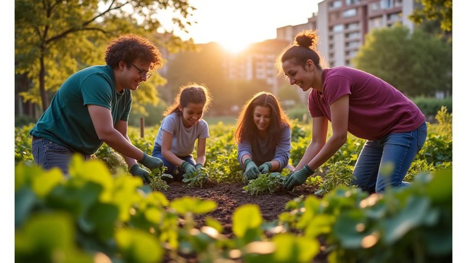 A diverse group of Bristol residents participating in a local community garden project, planting saplings and tending to plants in a vibrant, natural setting.