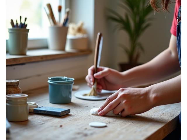 A pair of creative hands meticulously painting and restoring an old wooden chair, surrounded by various eco-friendly paints and tools.