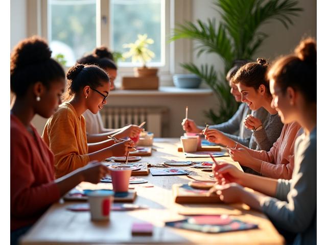 A group of people happily engaged in an upcycling workshop, painting and decorating small wooden objects together in a bright, creative space.