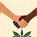 An icon showing hands shaking over a growing plant, representing fair trade and community support.